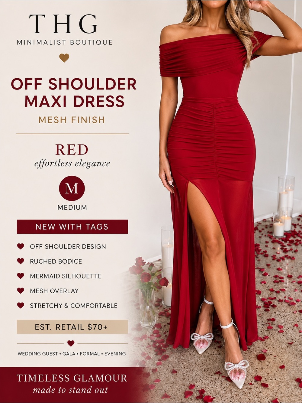 OYS Red Off Shoulder Ruched Mesh Mermaid Maxi Gown Dress L